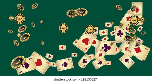 Сasino banner. Pattern with Casino Cards and Casino Chips for ads of parties, events in Vegas. The concept of winning or gambling. Vector illustration in vintage style.