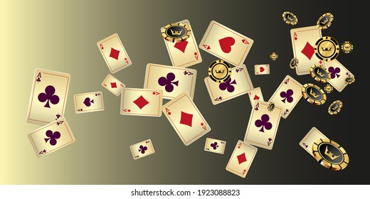 Сasino banner. Pattern with Casino Cards and Casino Chips for ads of parties, events in Vegas. The concept of winning or gambling. Vector illustration in vintage style.