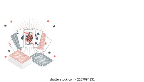 Сasino banner. Pattern with Casino Cards and Casino Chips for ads of parties events in Vegas. The concept of winning or gambling. Vector illustration in vintage style. Poker table with cards and chips