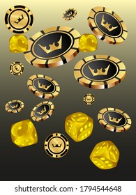 Сasino banner. Pattern with Casino Dice and Casino Chips for ads of parties, events in Vegas.
