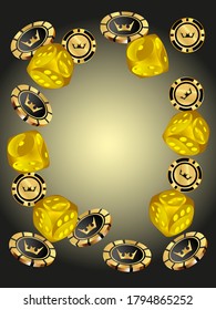 Сasino banner. Pattern with Casino Dice and Casino Chips for ads of parties, events in Vegas.