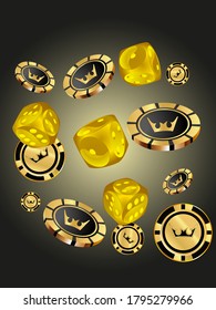 Сasino banner. Pattern with Casino Dice and Casino Chips for ads of parties, events in Vegas.