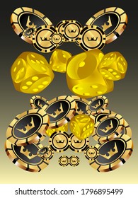 Сasino banner. Pattern with Casino Dice and Casino Chips for ads of parties, events in Vegas.