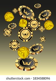 Сasino banner. Pattern with Casino Dice and Casino Chips for ads of parties, events in Vegas.