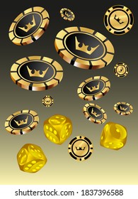 Сasino banner. Pattern with Casino Dice and Casino Chips for ads of parties, events in Vegas.