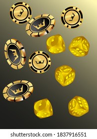 Сasino banner. Pattern with Casino Dice and Casino Chips for ads of parties, events in Vegas.