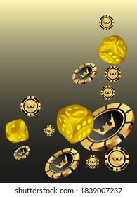 Сasino banner. Pattern with Casino Dice and Casino Chips for ads of parties, events in Vegas.