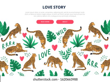 Banner with pattern with leopards and tropical flowers on the white background for Valentine's day. Good for sale, banner, social media, and others. Vector illustration.
