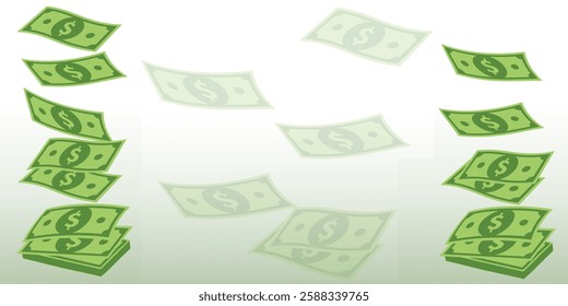 Banner with pattern of money with empty space in the middle for text. Flying green dollar bill, money cash and usd currency. American money float banknotes, banking finance investment or jackpot win.