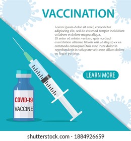 A banner with a pattern of vaccination.Vector background of vaccination against Covid-19. Vials of the Covid19 coronavirus vaccine and injection tools syringes for immunization
