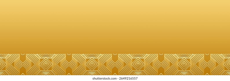 Banner, patterned cover design, wallpaper. Geometric ethnic gold pattern on gold background, embossing. 3D relief ornaments, arabesques, mandala, fresco, painting of the East, Asia, India, Mexico.