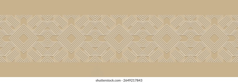 Banner, patterned cover design, wallpaper. Geometric ethnic pattern on beige background, embossing. 3D tribal ornaments, arabesques, mandala, fresco, painting of the East, Asia, India, Mexico, Aztec.