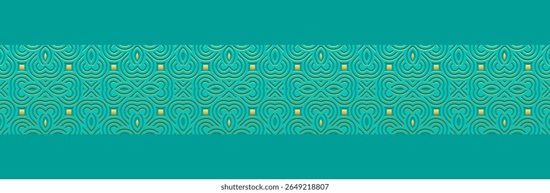 Banner, patterned cover design, wallpaper. Geometric ethnic art pattern, turquoise background, embossing. 3D tribal ornaments, arabesques, mandala, fresco, painting of the East, Asia, India, Mexico.