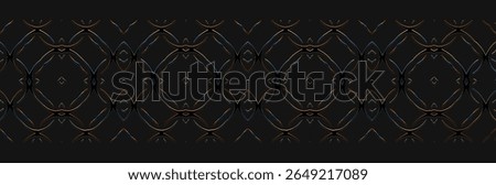 Banner, patterned cover design, wallpaper. Geometric ethnic gold pattern on black background. Vintage tribal ornaments, arabesques, mandala, fresco, painting of the East, Asia, India, Mexico, Aztec.