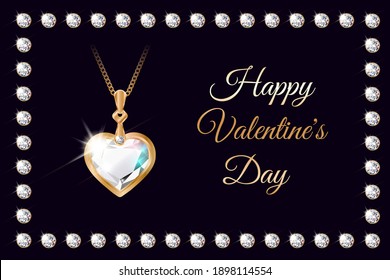 Banner with a pendant in the shape of a heart with diamonds. Valentine's day gift. A beautiful piece of jewelry. Expensive necklace.  black background. 3D realistic vector