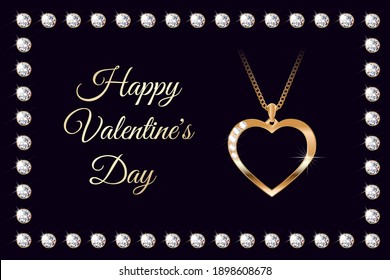 Banner with a pendant in the shape of a heart. Valentine's day gift. A beautiful piece of jewelry. Expensive necklace. With a frame of sparkling stones. On a black background. 3D realistic. Vector.