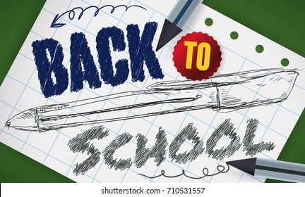 Banner with pens around a notebook paper drawing of one of them and doodles for Back to School season.