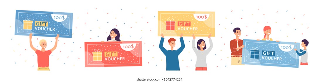 Banner with people cartoon characters rejoicing winning gift voucher or coupon, flat vector illustration isolated on white background. Shopping discount certificate.