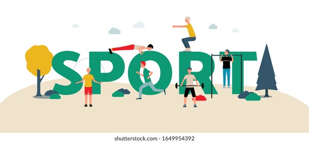 Banner with people characters doing sport, flat vector illustration isolated on white background. Man and woman performing workout activity at sport inscription layout.