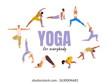 Banner with people doing yoga asana wearing workout clothes. Exercises for strength, balance, and mindfulness.The concept of yoga,meditation,sports,healthy lifestyle Illustration
