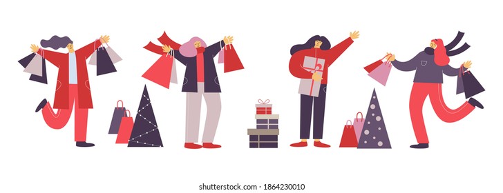 Banner with people dressed in winter clothes with gifts and shopping bags isolated on white background. Winter sales. Vector illustration.