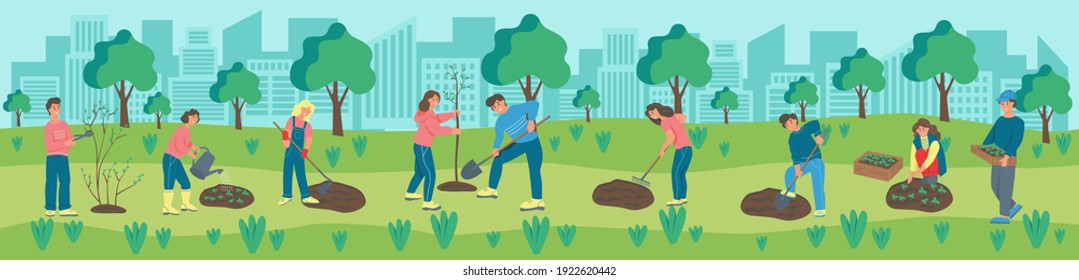 Banner people are engaged in gardening in the park. Men and women plant flowers and plants. Landscaping, taking care of nature. Flat cartoon vector illustration.