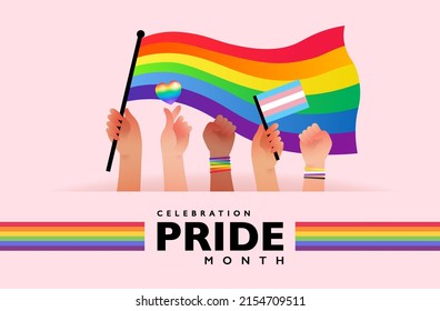 Banner of people hold rainbow flag with sign language hands supporting pride month celebration