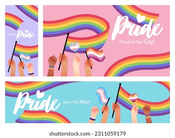 Banner der Menschen halten Regenbogen Fahne mit Zeichensprache Hände feiern PRIDE Monat. Set von Vorlage und Banner für Festival, Parade, Website und soziale Medien.