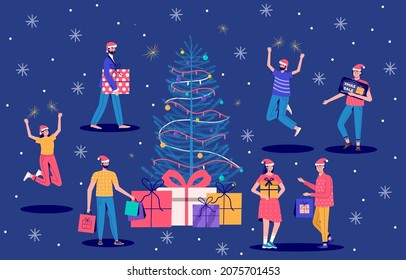 Banner with people with people holding shopping bag for a great Christmas sale. Men and women are buying gifts. Vector illustration in cartoon trendy style.vector for advertisement, coupon or voucher