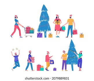 Banner with people with people holding shopping bag for a great Christmas sale. Men and women are buying gifts. Vector illustration in cartoon trendy style.vector for advertisement, coupon or voucher