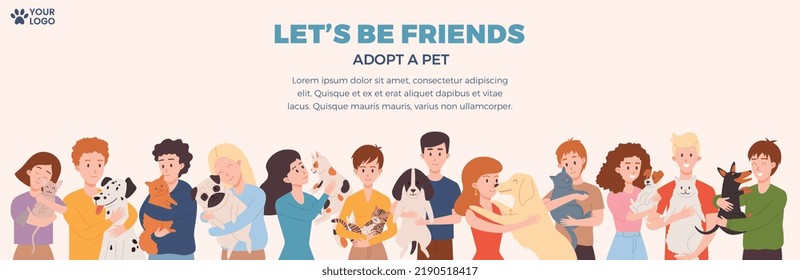 Cartel con gente abrazando gatos y perros de estilo plano, ilustración vectorial de fondo beige. Colocar el texto. Amistad, adoptamos mascotas, personajes de hombres y mujeres que aman a los animales domésticos