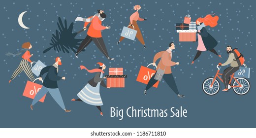 Banner with people hurrying for a great Christmas sale.  Men and women are buying gifts. Vector illustration in cartoon style