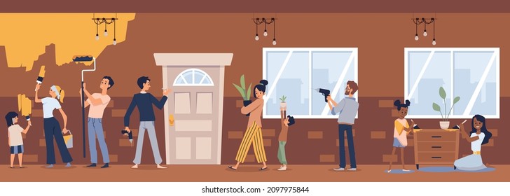 Banner with people repair house with paint and construction equipment, flat cartoon vector illustration. Family house renovation and home interior renewing.