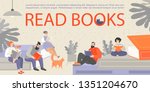 Banner with people sitting on huge books and reading. People of different ages are passionate about reading books. Mom reads a book to a child. Cartoon characters