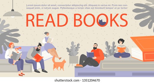 Banner With People Sitting On Huge Books And Reading. People Of Different Ages Are Passionate About Reading Books. Mom Reads A Book To A Child. Cartoon Characters