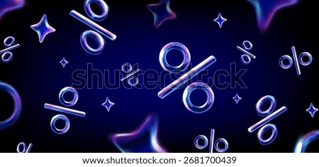 Banner with percent signs. Background with floating and flying percent symbols, holographic shining stars. Discounts, sale, special offer. Futuristic vector illustration