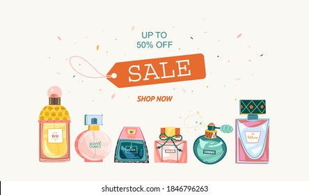 Banner for perfume stores and advertising. Bottles is under clipping mask, isolated on white background. For shop, market, advertising, store.