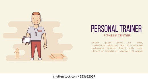 Banner With Personal Trainer In Fitness Club. Line Flat Concept. Sports Center Flyer, Sticker. Vector Illustration