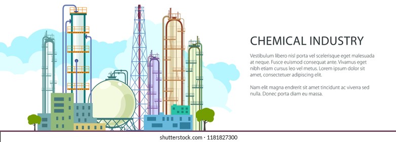 Banner of Petrochemical Industry, Chemical Plant , Refinery Processing of Natural Resources, Industrial Pipes and Text , Vector Illustration