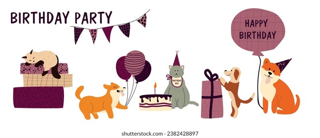 Banner for pet's birthday party. Set with different breed of dogs and cats. Hand drawn style, cite characters. Elements of birthday: gifts, garland, cake, balloons, birthday hat.