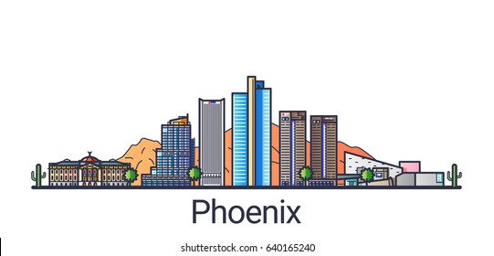 Banner of Phoenix city in flat line trendy style. Phoenix city line art. All buildings separated and customizable.