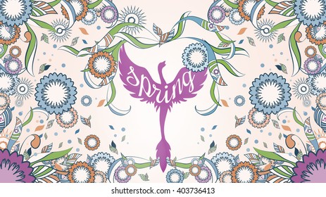 Banner of Phoenix with ornate on an abstract floral ornamental spring frame on the background.