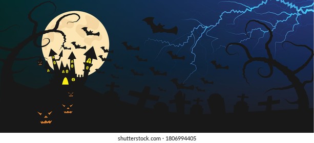 Banner photo of happy Halloween vector design dark castle on the Moon light and storm background,Trick or treat - Halloween party, atmosphere with scary ghosts and Jack o'lanterns pumpkins in a photo 