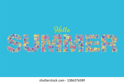 Banner with phrase Hello Summer written in floral typeface on sky blue background