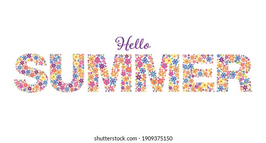 Banner with phrase Hello Summer written in floral typeface isolated on white background vector illustration