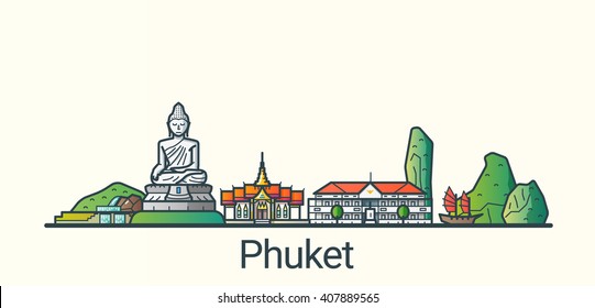 Banner of Phuket city in flat line trendy style. All buildings separated and customizable. Line art.