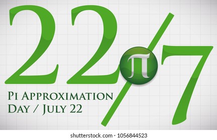 Banner for Pi Approximation Day with squared whiteboard and reminder date like the fraction and button with pi symbol to celebrate on 22nd July.