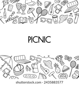 Banner with picnic doodle elements with free place for text on white background. Summer hand drawn barbecue theme