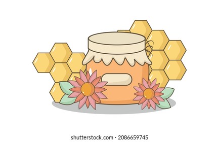 Banner with a picture of honey, poster, background with a jar of honey and flowers