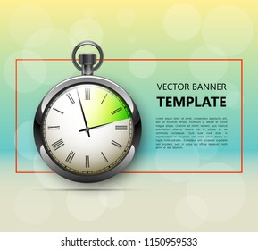 banner with picture of pocket watch. Informational poster timer discounts. Vector chronometer background. Time banner with clock icon. Abstract advertising watch discount poster, time period